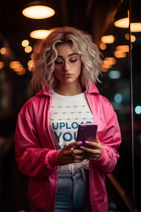 T-Shirt Mockup Featuring an AI-Created Stylish Woman Taking a Selfie in a Mirror