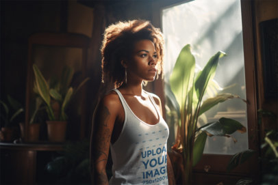 Mockup of an AI-Created Woman with an Afro Hairstyle and Tattoos Wearing a Tank Top m33492