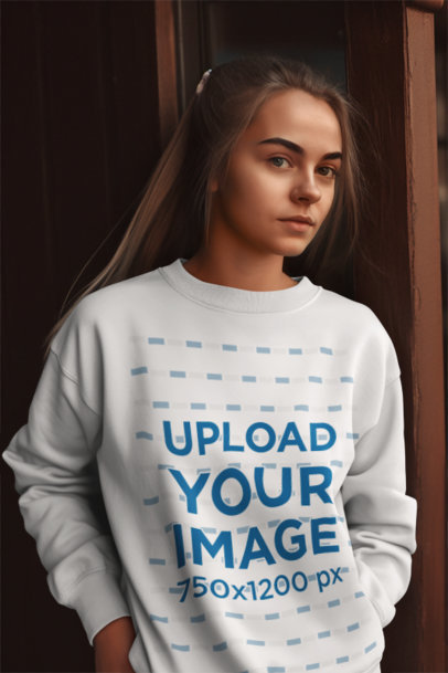 Mockup of an AI-Created Woman Wearing a Round-Neck Sweatshirt by a Door