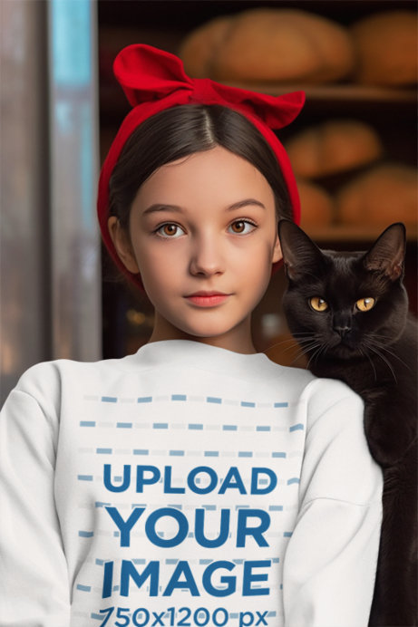 AI-Created Sweatshirt Mockup of a Girl Posing with a Cat on Her Shoulder