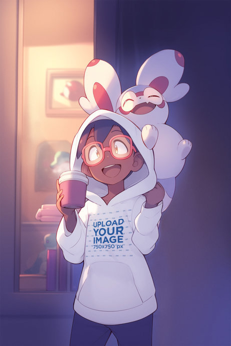 Illustrated Hoodie Mockup of a Happy Kid at Home with Her Fantasy Pet