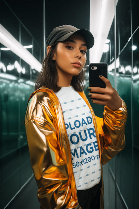 T-Shirt Mockup of an AI-Generated Woman Taking a Selfie on a Mirrored Elevator