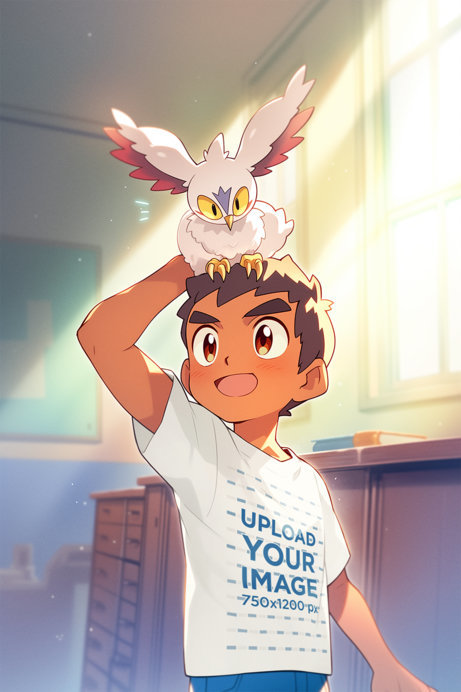T-Shirt Mockup of an Illustrated Boy with a Fantasy Pet on His Head