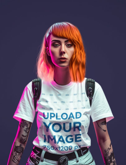 AI-Created Mockup of a Tattooed Woman with Dyed Hair Wearing a T-Shirt