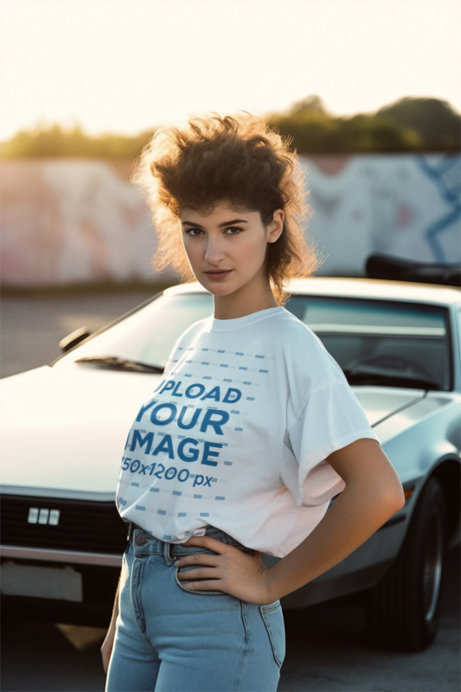 Retro Movie-Inspired Mockup of a Woman Wearing a T-Shirt in Front of a Car