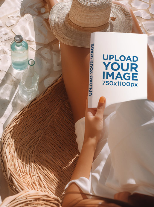Vacation-Themed Mockup Featuring an AI-Created Woman Holding a Book