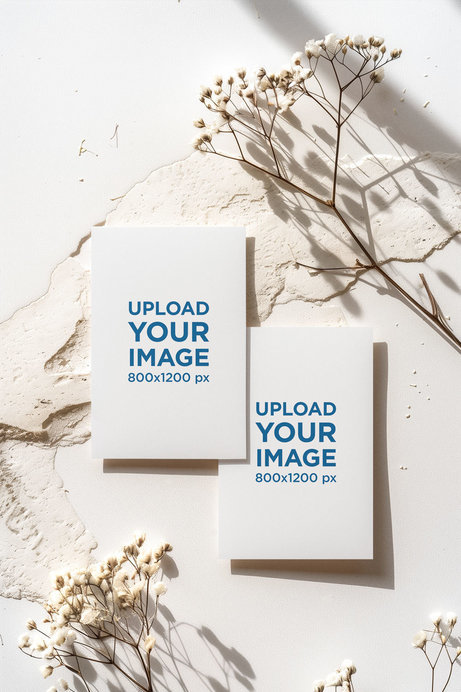 Mockup of AI-Created Greeting Card Placed on a Wall With Flowers