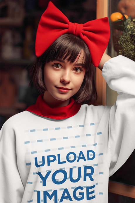 AI-Generated Mockup of a Woman Wearing a Sweatshirt and a Bow on Her Head