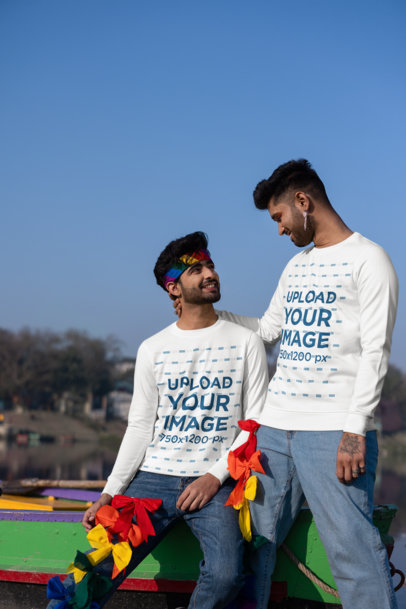 Mockup of a Gay Couple Wearing Matching Sweatshirts and Decorative Bows for Pride Month