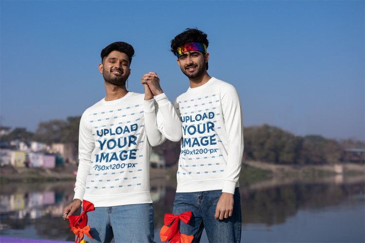 Mockup of Two Happy Men Holding Hands and Wearing Crewneck Sweatshirt for Gay Pride