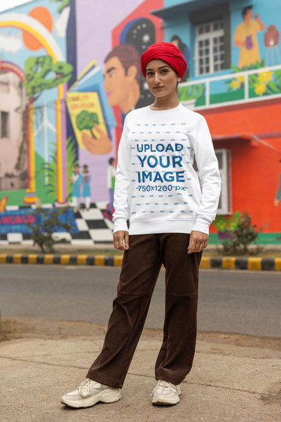 Sweatshirt Mockup of a Woman Wearing a Turban on the Street