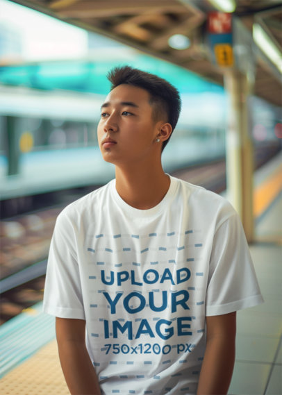 Round-Neck T-Shirt Mockup of an AI-Generated Man Waiting on a Subway
