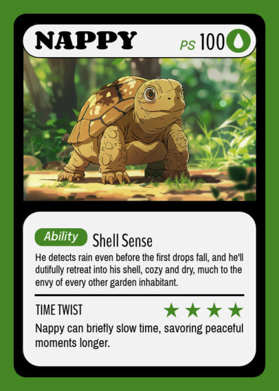 Trading Card Maker Featuring a Smiling Little Turtle Illustration Inspired by a Retro Anime