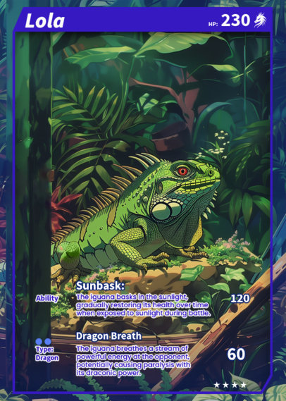 Trading Card Design Template Featuring an Illustrated Iguana with Customizable Abilities