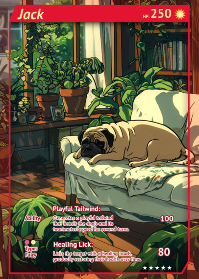 Trading Card Design Generator with a Sleeping Dog and Customizable Abilities