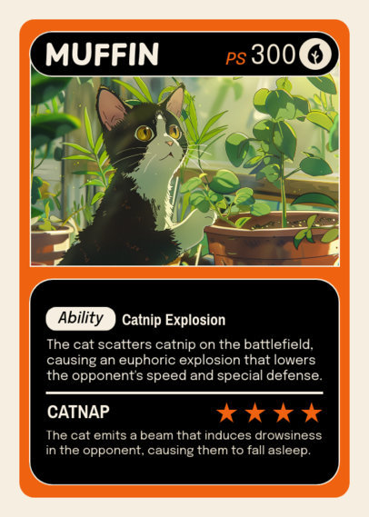 Trading Card Template Featuring a Funny Cat Illustration Inspired by a Retro Anime ed6987e