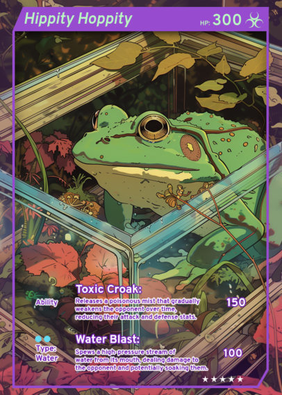 Trading Card Design Template Featuring an Anime-Aesthetic Frog with Funny Abilities