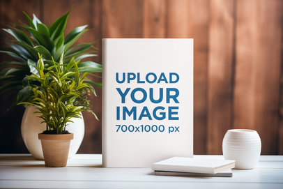 Mockup of an AI-Created Book Standing Next to a Plant and a Pot m38107