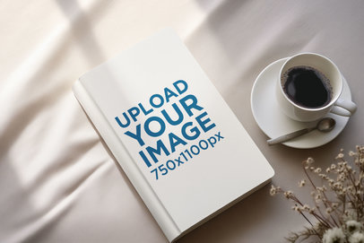 Mockup of an AI-Created Hardcover Book Placed Next to a Cup of Coffee m38101
