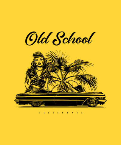 T-Shirt Design Maker Featuring an Illustrated Lowrider Car with a Woman and a Palm Tree 6424d