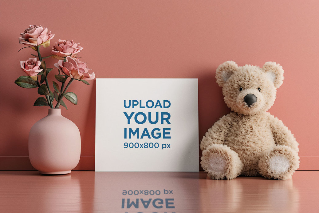 Greeting Card Mockup Featuring an AI-Created Teddy Bear and a Vase With Flowers