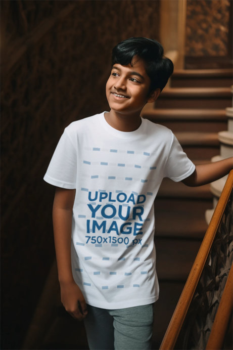 T-Shirt Mockup of an AI-Created Boy Walking Down the Stairs