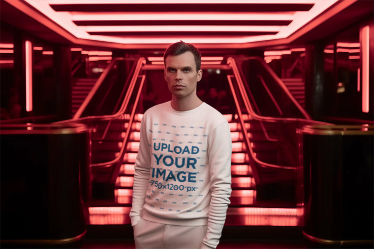 AI-Created Mockup Featuring a Man Wearing a Sweatshirt in a Room with Neon Lights