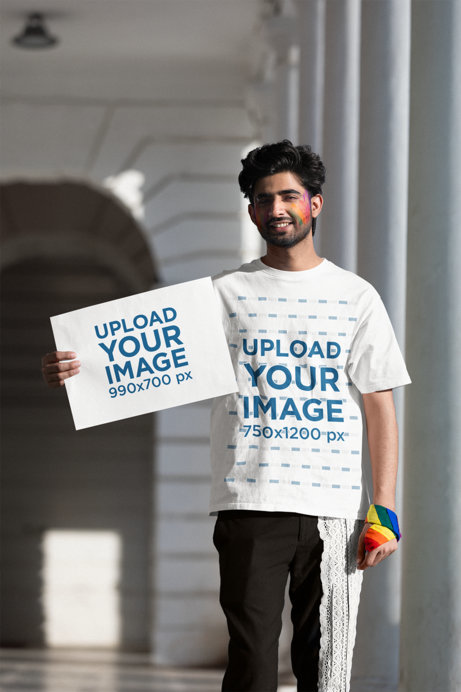 Blinkstore T-Shirt Mockup Featuring a Smiling Man Holding a Flyer for Pride Month