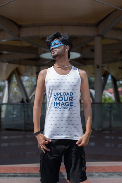 Tank Top Mockup of a Man With a Pride-Themed Mask Posing in the Street