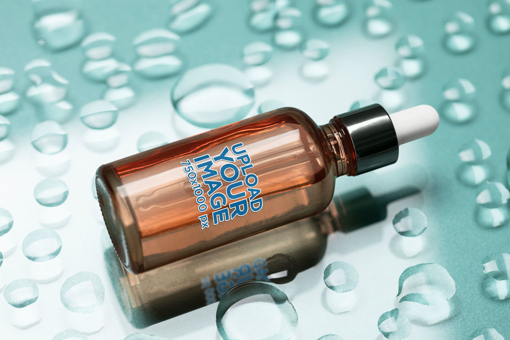 Skincare-Themed Mockup of a Serum Dropper Lying on a Blue Background