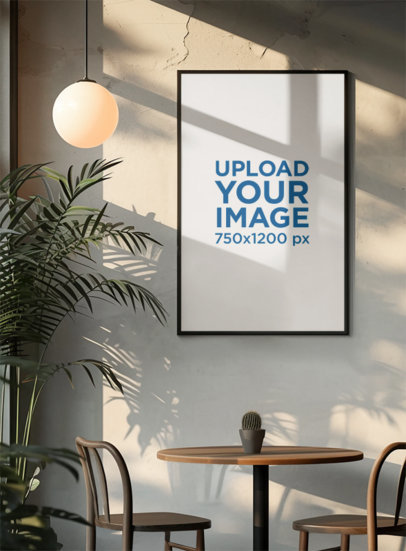 AI-Created Mockup Featuring a Vertical Art Print Hanging over a Restaurant's Table m38973