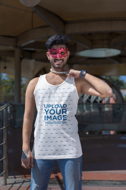 Tank Top Mockup of a Man with a Mask Celebrating LGBT Pride Month