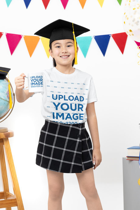 Bella Canvas T-Shirt Mockup of a Graduated Girl Holding a Coffee Mug