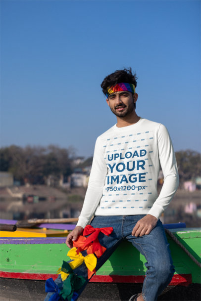 Crewneck Sweatshirt Mockup of a Bearded Man Wearing Colorful Bows for Pride Month m39100