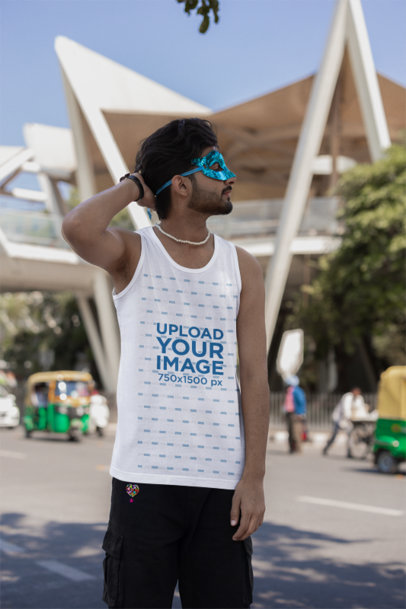 Tank Top Mockup of a Man With a Blue Mask Getting Ready for Pride Month m39073