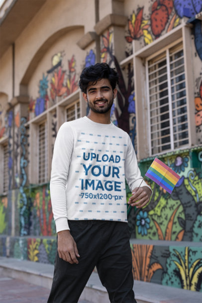 Mockup of a Bearded Man Wearing a Sweatshirt and Waving a Small Rainbow Flag m39276