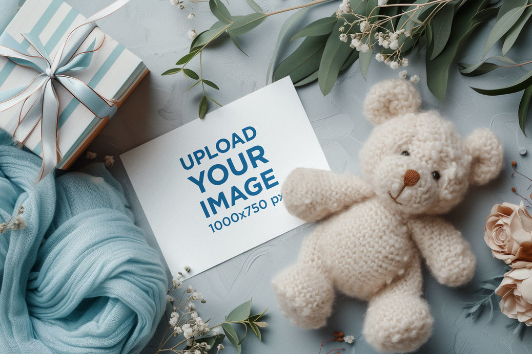 Mockup of an AI-Created Greeting Card Placed on a Baby Nursery-Styled Setting
