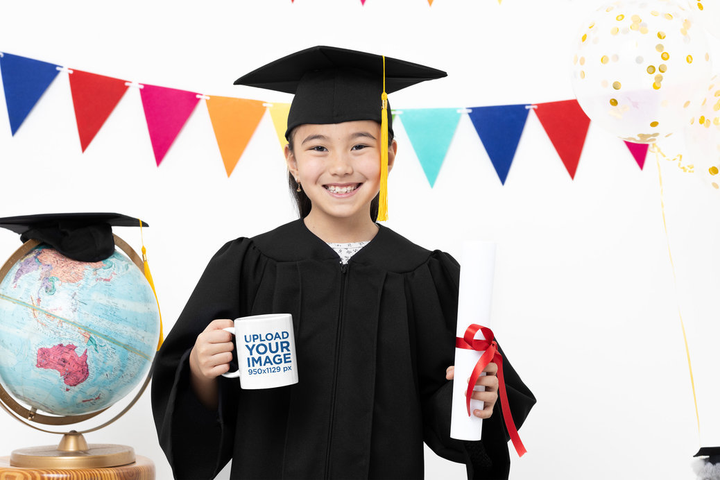 Coffee Mug Mockup Featuring a Happy Girl Wearing a Graduation Gown
