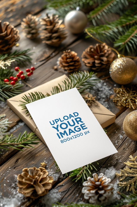 AI-Created Mockup of a Greeting Card Placed on a Christmas-Themed Setting