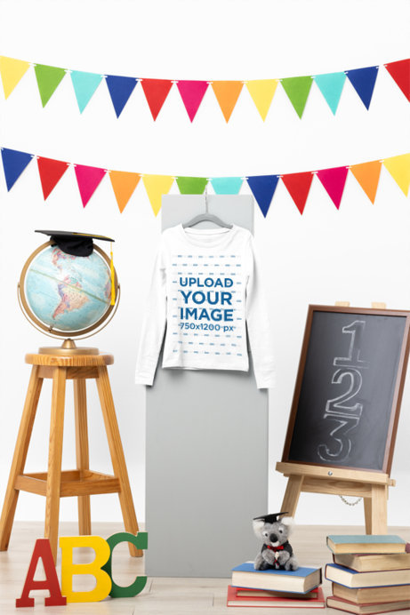 Mockup of a Long Sleeve T-Shirt Hanging in a Graduation-Themed Setting