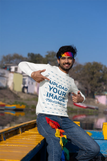 Crewneck Sweatshirt Mockup of a Happy Man Wearing Pride Flag Colors and Pointing at Himself m39107