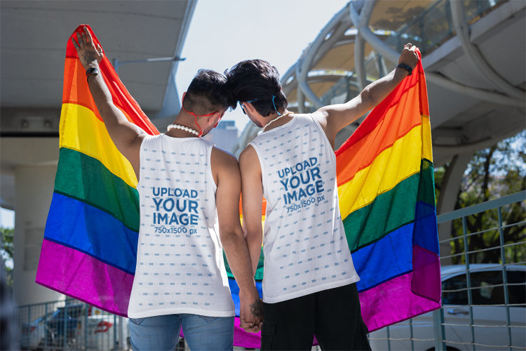 Back-View Tank Top Mockup Featuring a Gay Couple Posing With the Pride Flag in the Street