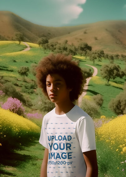 Retro Wizard-Inspired Movie Mockup of a Kid Wearing a Tee on a Green Field with a Road