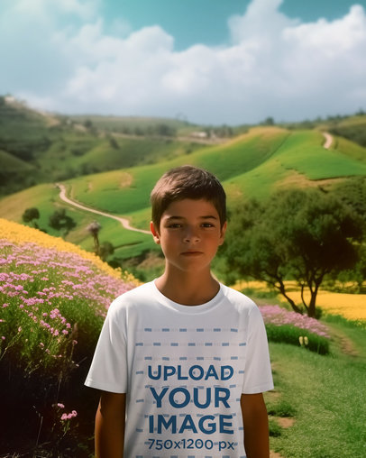 Movie-Inspired Mockup of a Kid Wearing a T-Shirt on an Open Green Field