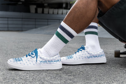 Lace-Up Canvas Sneakers Mockup Featuring a Man Sitting on the Pavement