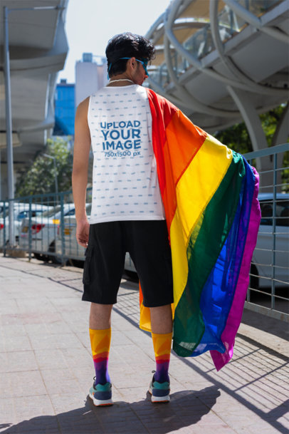 Back-View Tank Top Mockup of a Man Carrying a Rainbow Flag for Gay Pride Month m39101