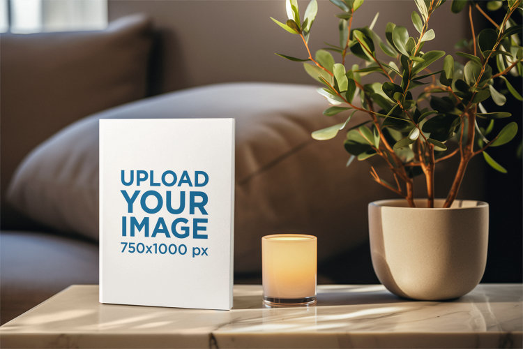 Book Mockup Featuring an AI-Generated Living Room Setting With a Plant and a Candle
