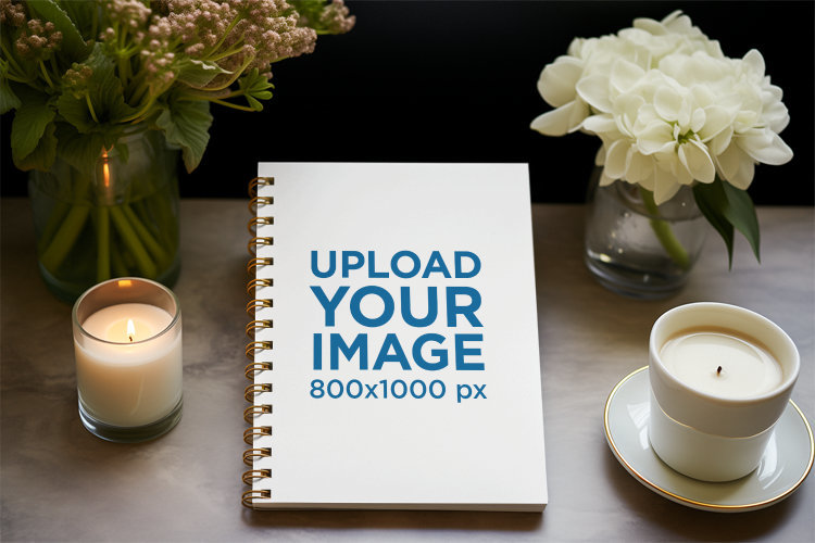 Mockup of an AI-Generated Spiral Notebook Placed on a Table With Some Candles