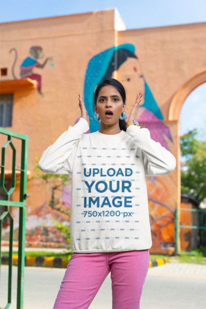 Sweatshirt Mockup Featuring a Woman Making a Surprised Facial Expression m39189