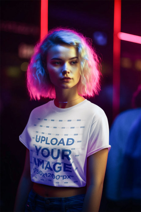 T-Shirt Mockup of an AI-Generated Woman Wearing an 80s-Inspired Look